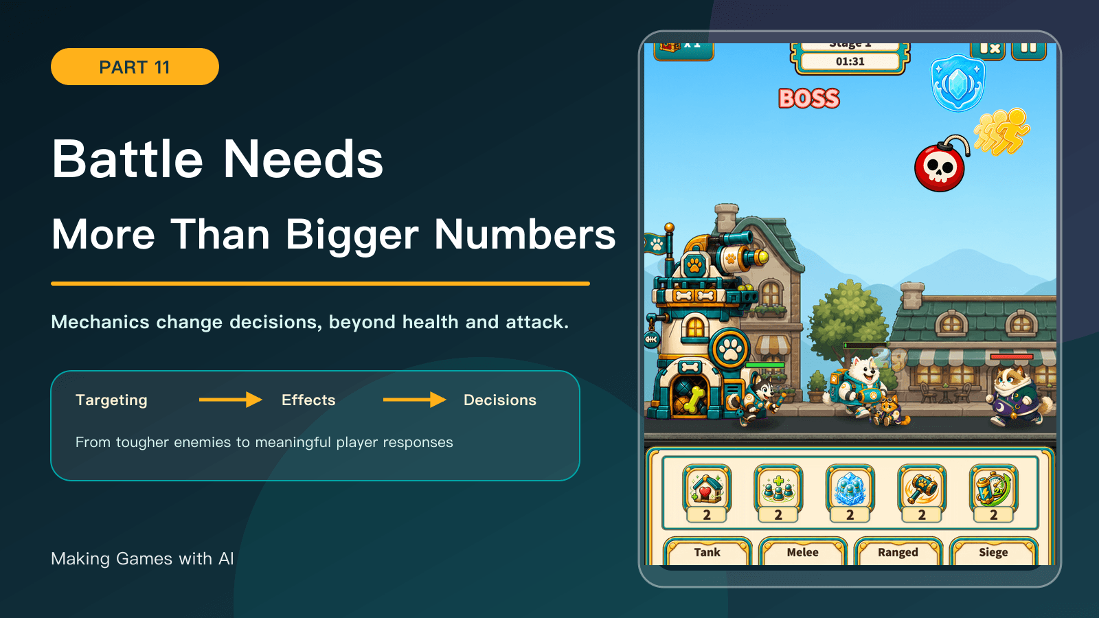Making Games with AI, part 11: How Battle Mechanics Go Beyond Bigger Numbers. Historical Kibble Street TD screenshots and development diagrams.