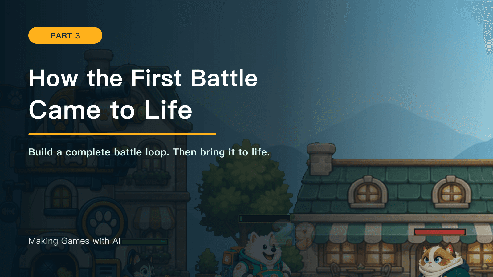 How the First Battle Came to Life: Making Games with AI, part 3, on the cat-versus-dog battlefield of Kibble Street TD.
