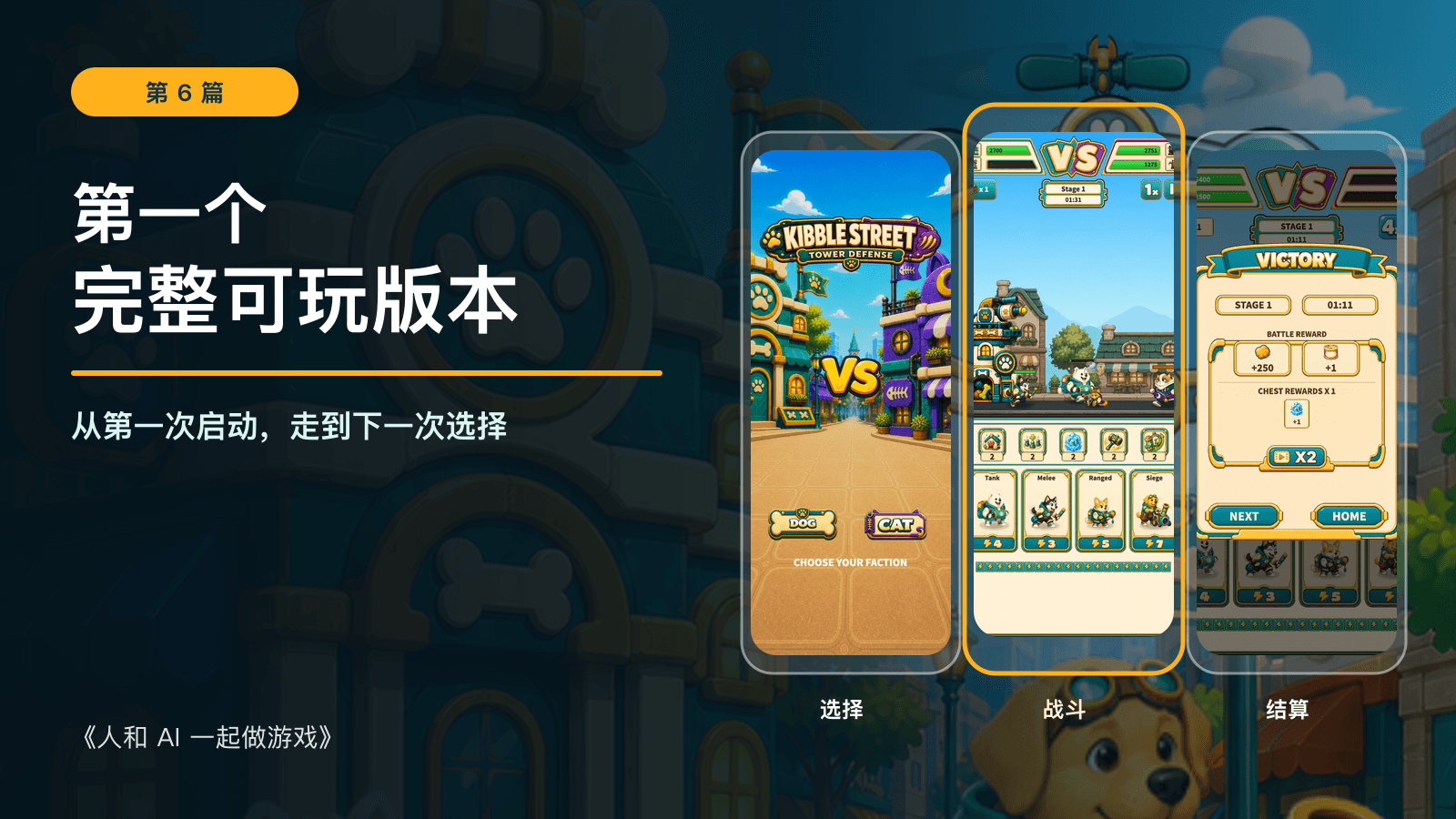 第一个完整可玩版本：《人和 AI 一起做游戏》第 6 篇，以 Kibble Street TD 开发阶段的阵营选择、战斗与结算画面展示完整游玩路径。