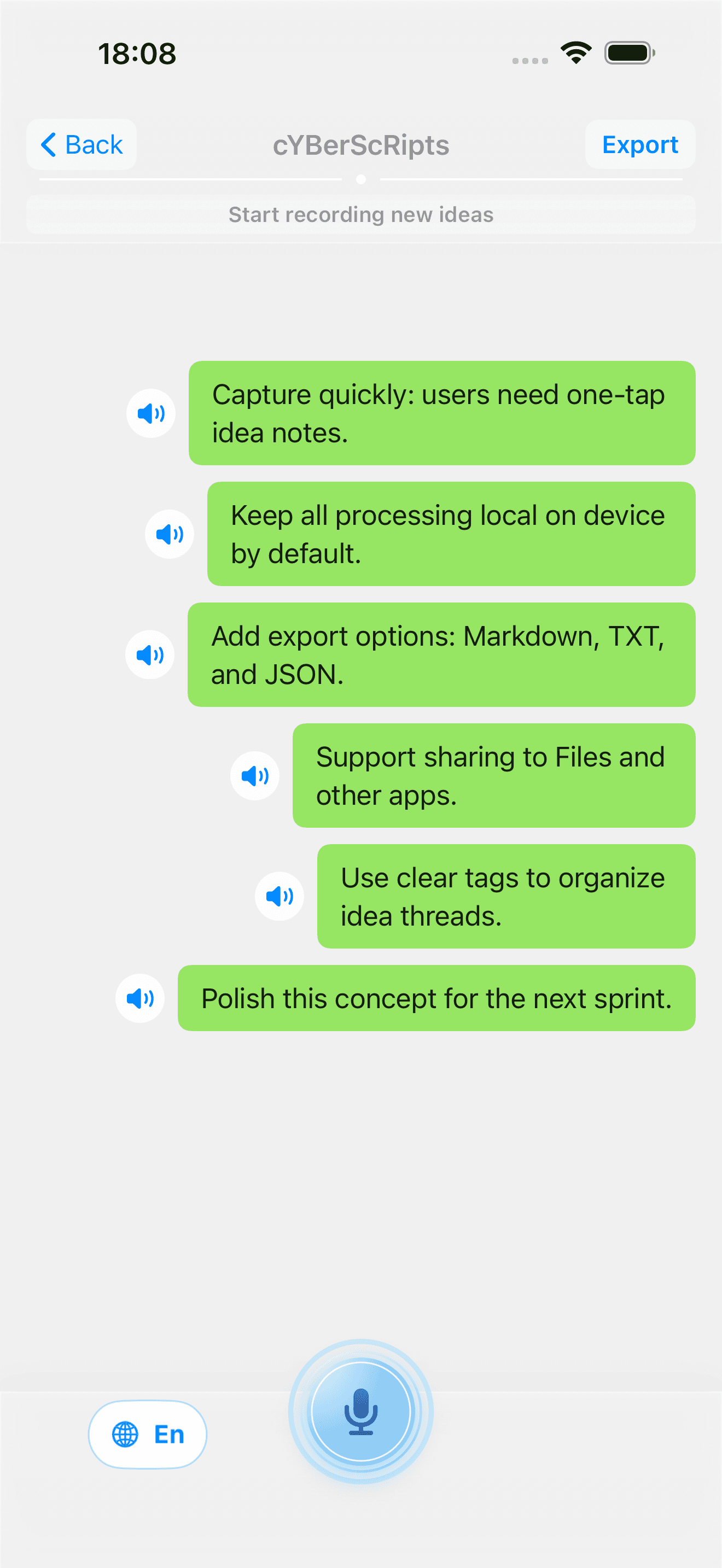 IdeaMic idea thread showing six sample text notes