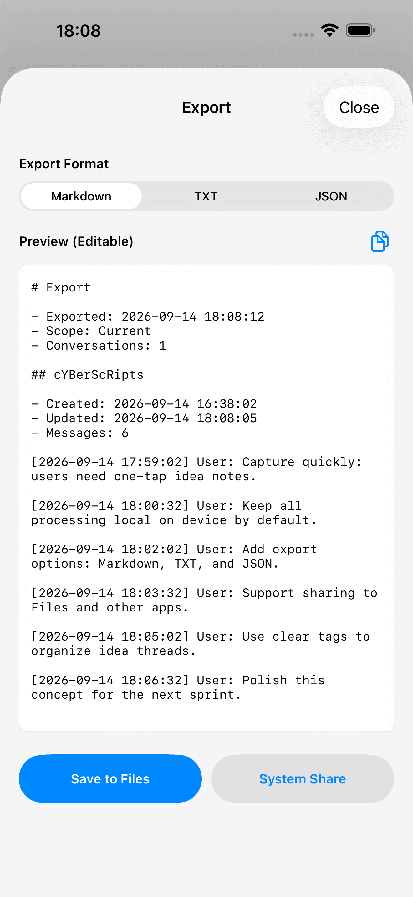 IdeaMic Markdown export preview with editable sample text
