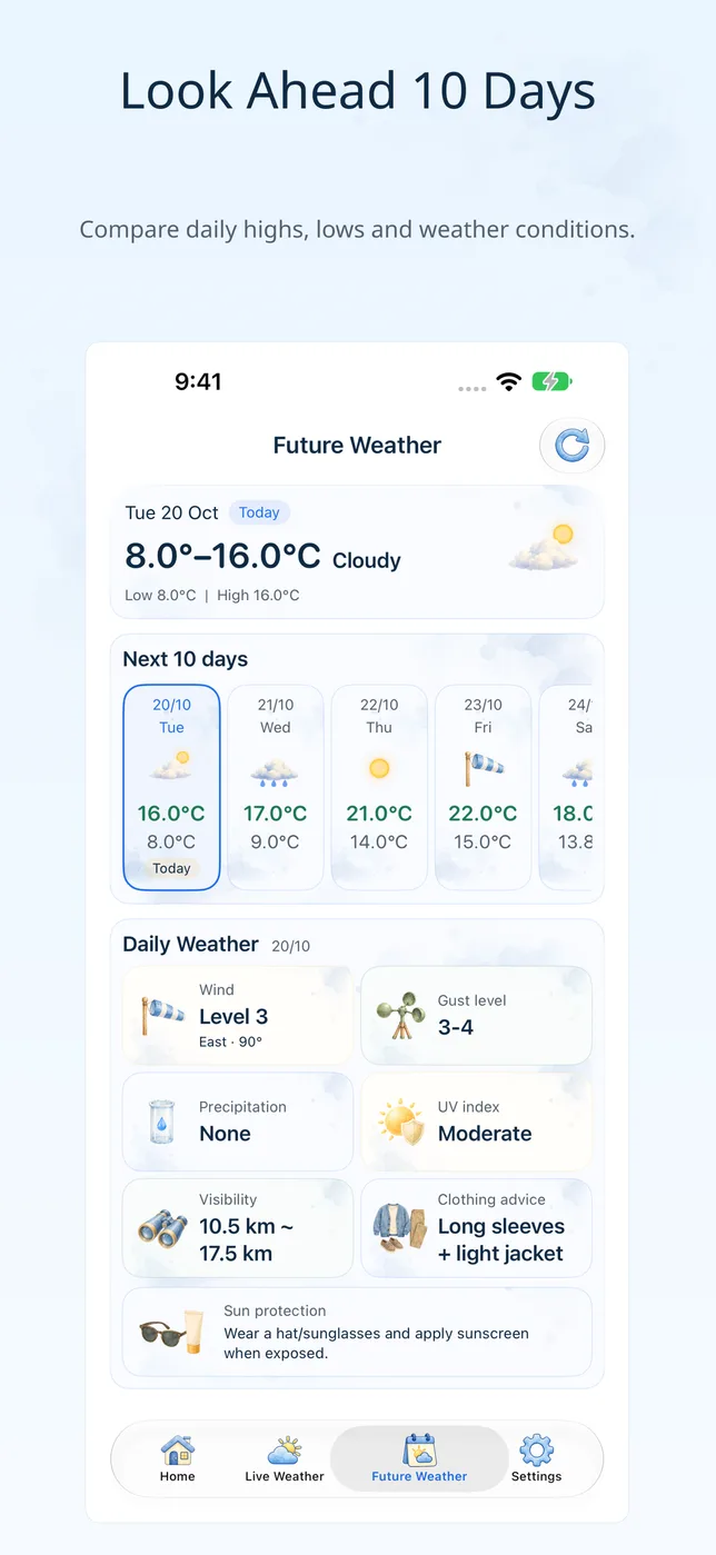 Weather Trace 10 天预报与每日高低温、穿衣建议