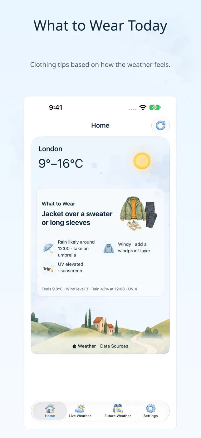 Weather Trace 主屏:穿什么穿衣卡与白天插画天空