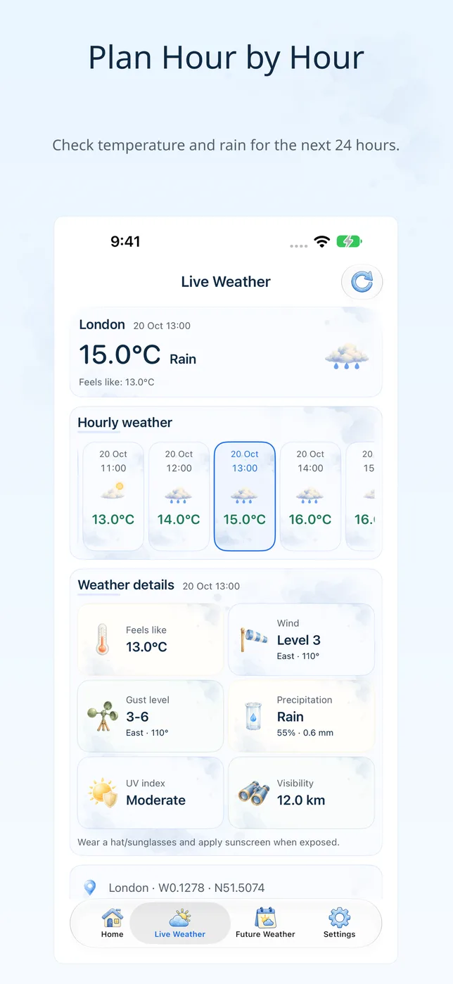 Weather Trace 逐小时预报与选中小时的天气详情