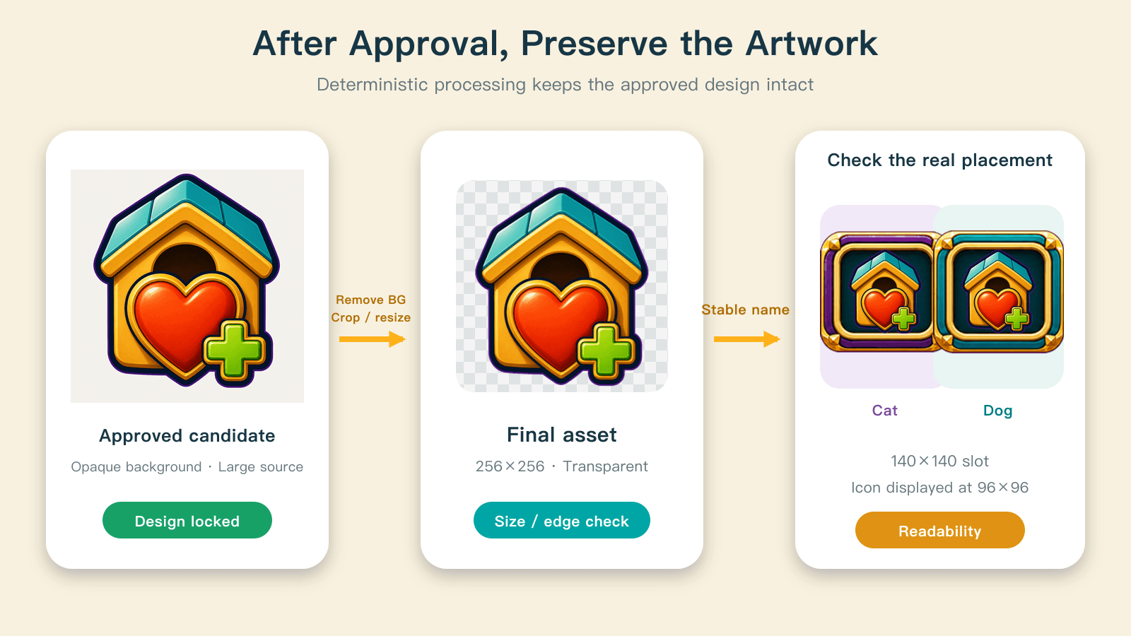 After approval, the same visible artwork goes through transparency, edge, size, and nine-slice processing before import.