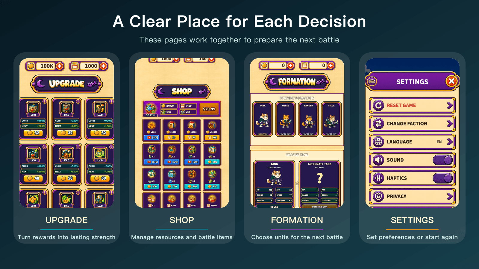 Upgrade, shop, formation, and settings screens from the development period. The pack display is preserved as it appeared at that time.