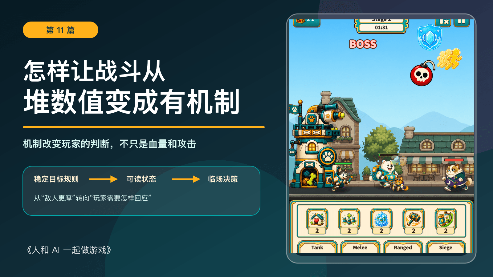 《人和 AI 一起做游戏》第 11 篇:怎样让战斗从堆数值变成有机制,Kibble Street TD 历史开发画面与流程图。