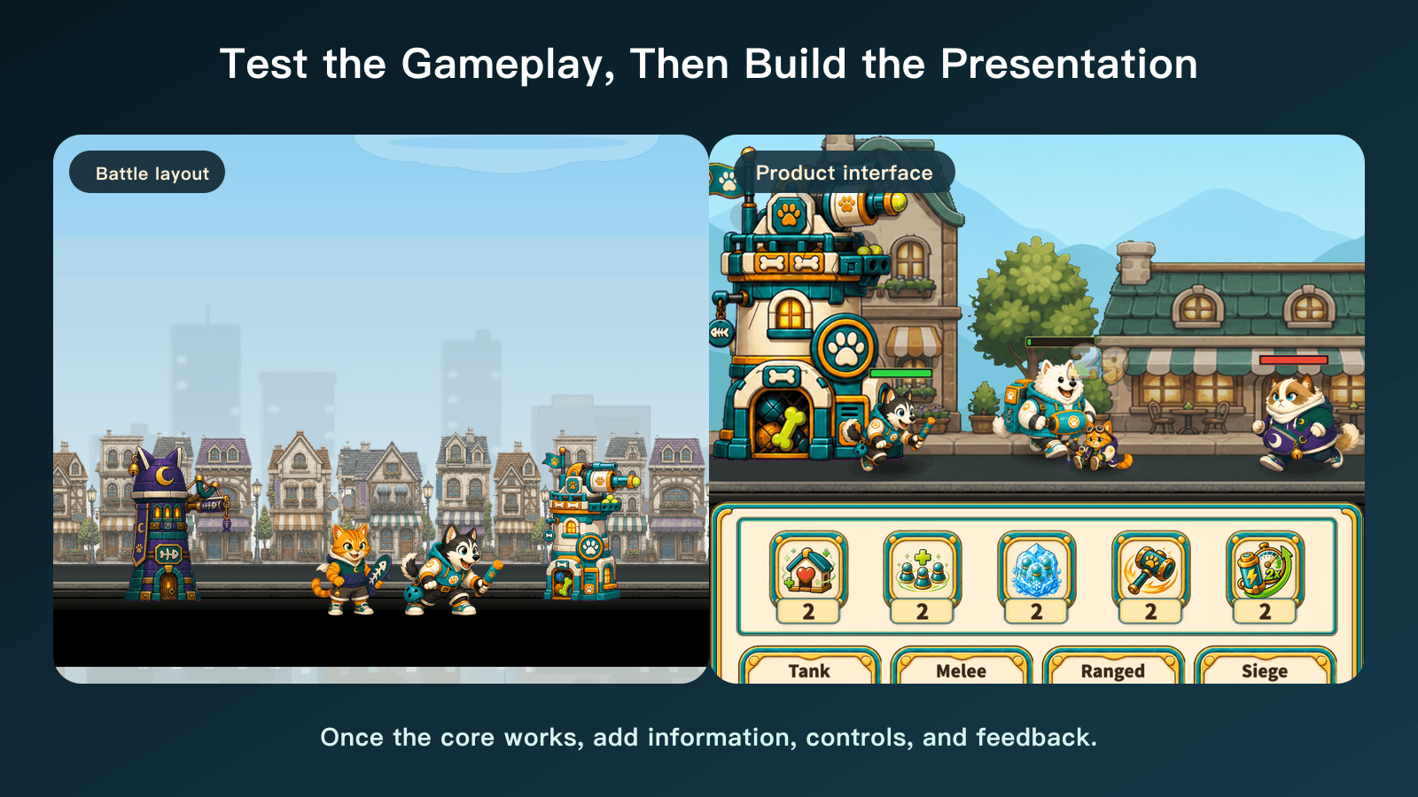 From gameplay structure to the product interface: the battle layout explains the combat relationships, while the developed interface adds faction information, controls, resources, unit cards, and feedback.