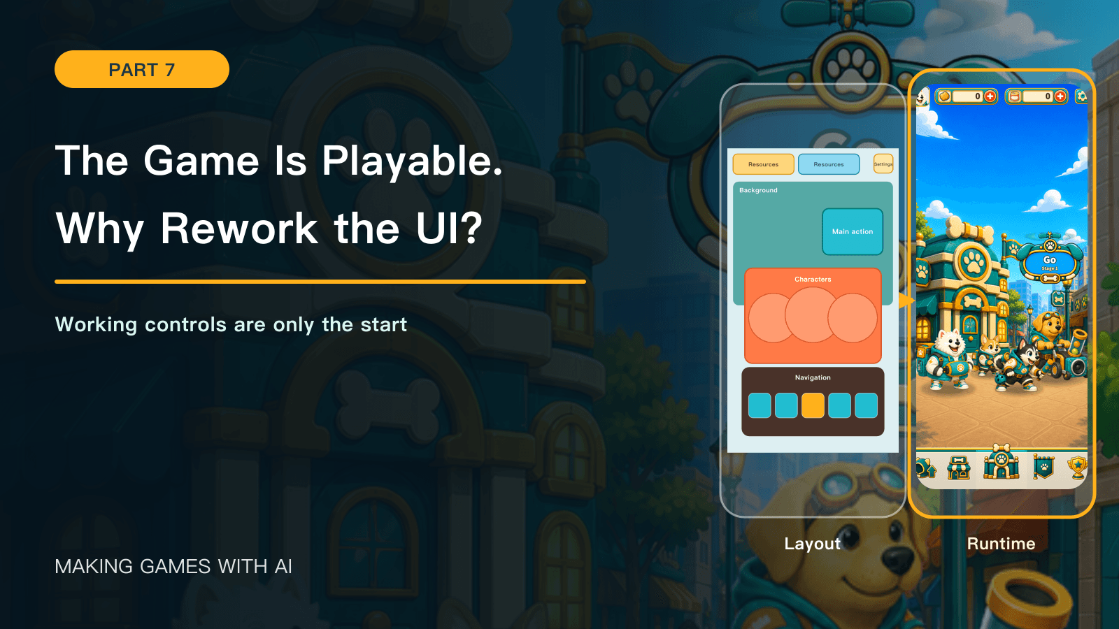 Making Games with AI, part 7: Why Keep Reworking the UI After the Game Is Playable? Historical Kibble Street TD screenshots and development diagrams.