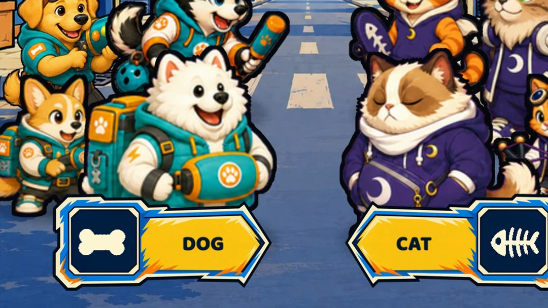 Team Cat in purple and Team Dog in cyan